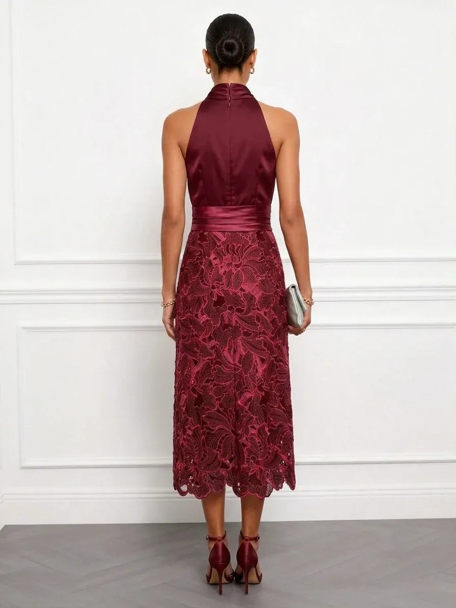 Burgundy Halter Satin Midi Dress