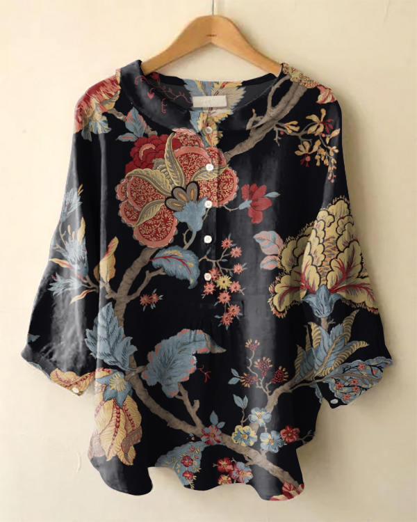 Vintage Long Sleeve Peter Pan Collar Floral Print Shirt