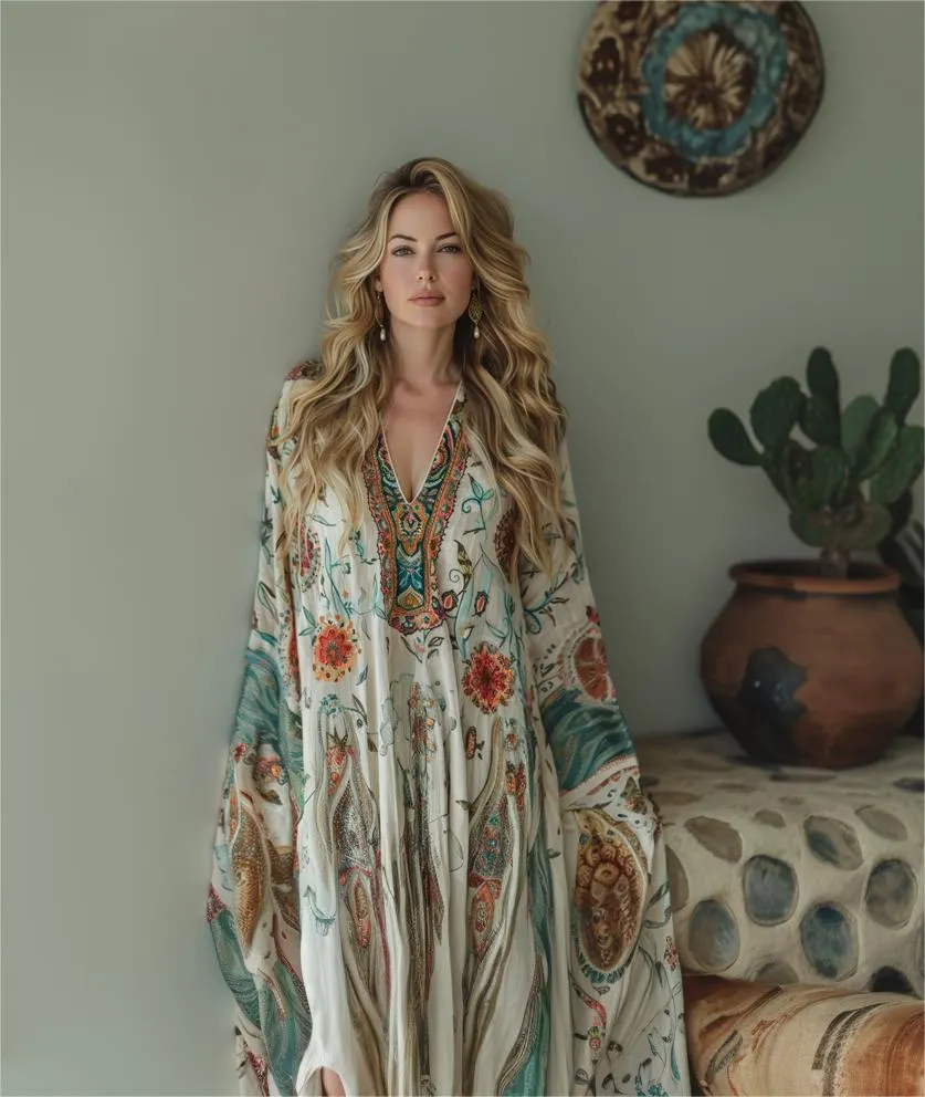 Cotton & Linen Long Sleeve Kaftan Maxi Dress