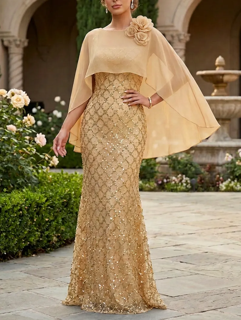 Gold Mermaid Gown With Chiffon Cape