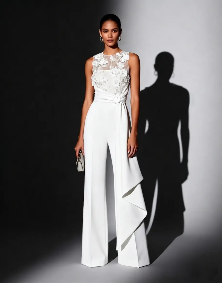 White 3D Floral Crew Neck Sleeveless Elegant Jumpsuit