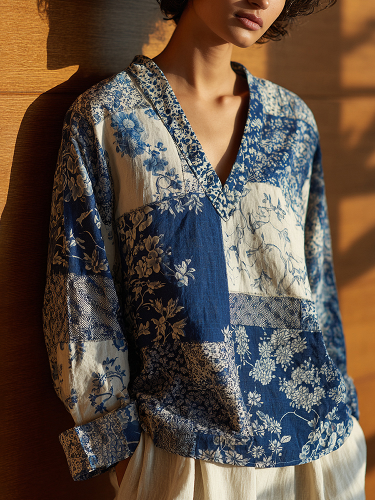 Vintage Japanese Traditional Sashiko Art Pattern Linen Blend Casual Tops
