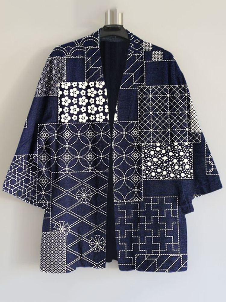 Vintage Japanese Traditional Sashiko Patchwork Art Print Blend Kimono Cardigan