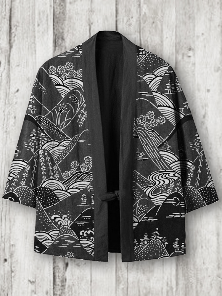 Mountains Landscape Japanese Pattern Linen Blend Kimono Cardigan
