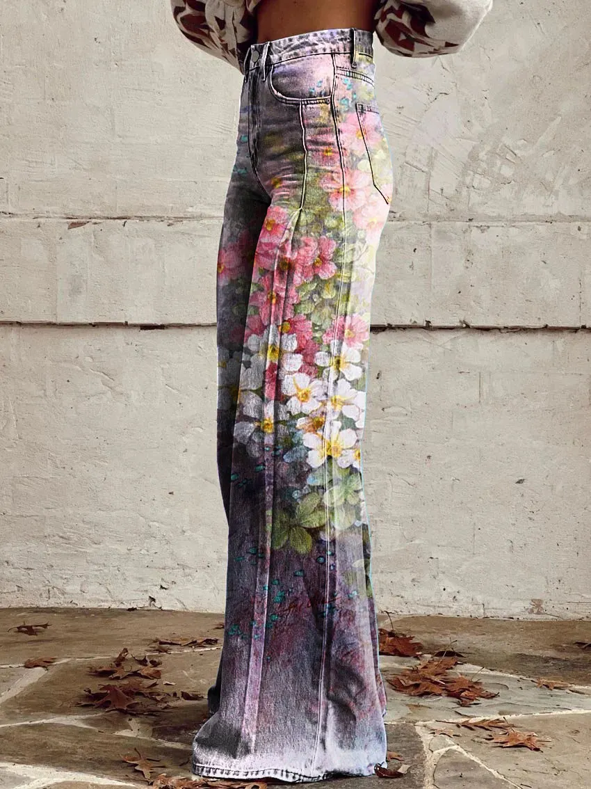 Floral Hummingbird Print Casual Wide-Leg Pants