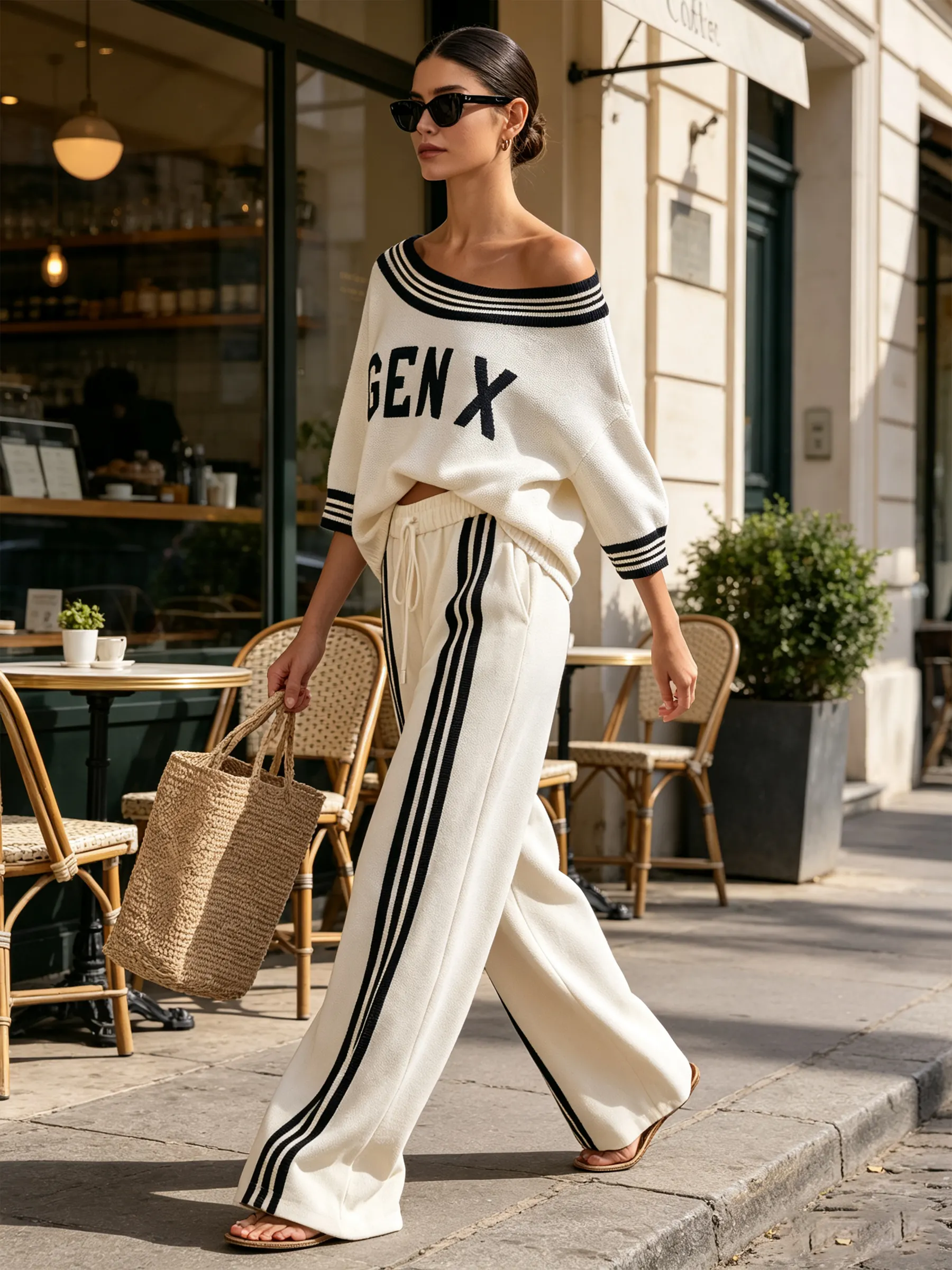 Off-Shoulder Striped Collar GEN X Matching Sweatshirt & Side Stripe Wide-Leg Pants Two-Piece Set