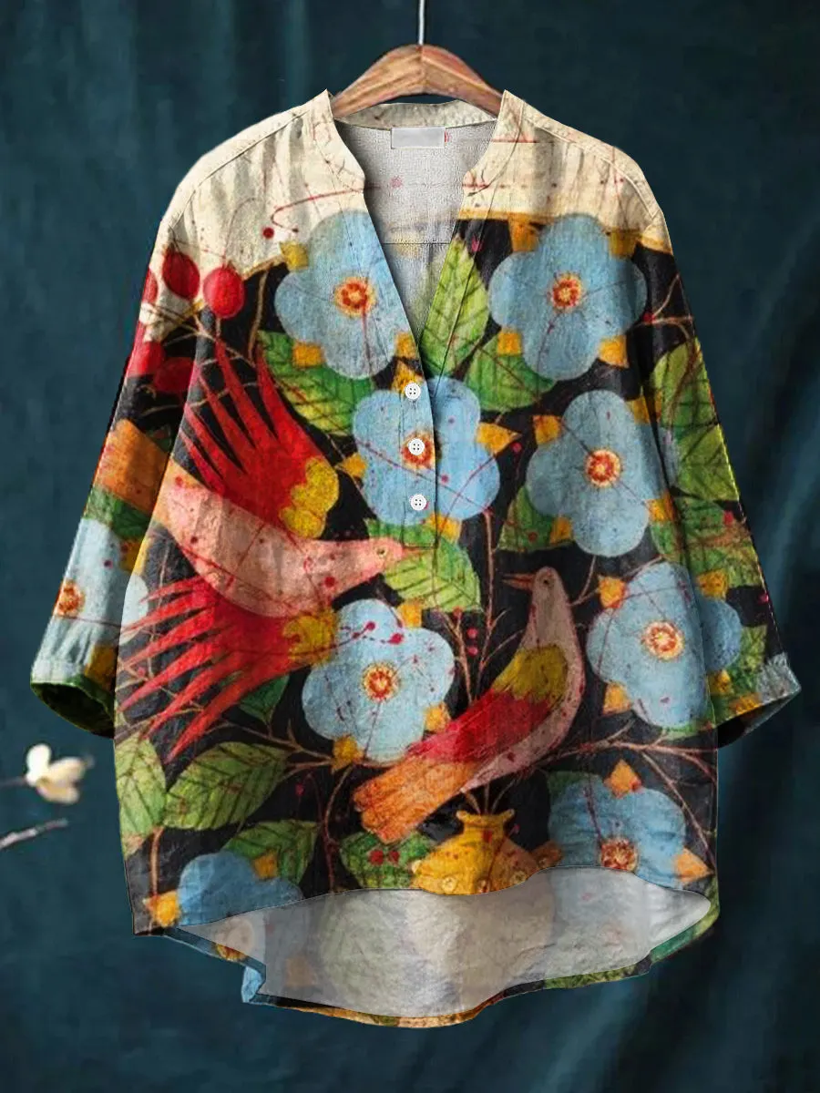 Beautiful Vintage Flowers & Birds Painting Art Print Casual Cotton & Linen Ruffle Shirt