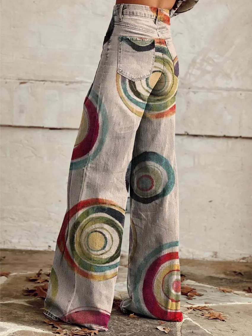 Vintage Print Casual Wide-Leg Pants