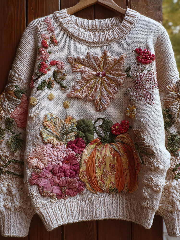 Pumpkin And Flower Multi-color Plush Warm Round Neck Sweater
