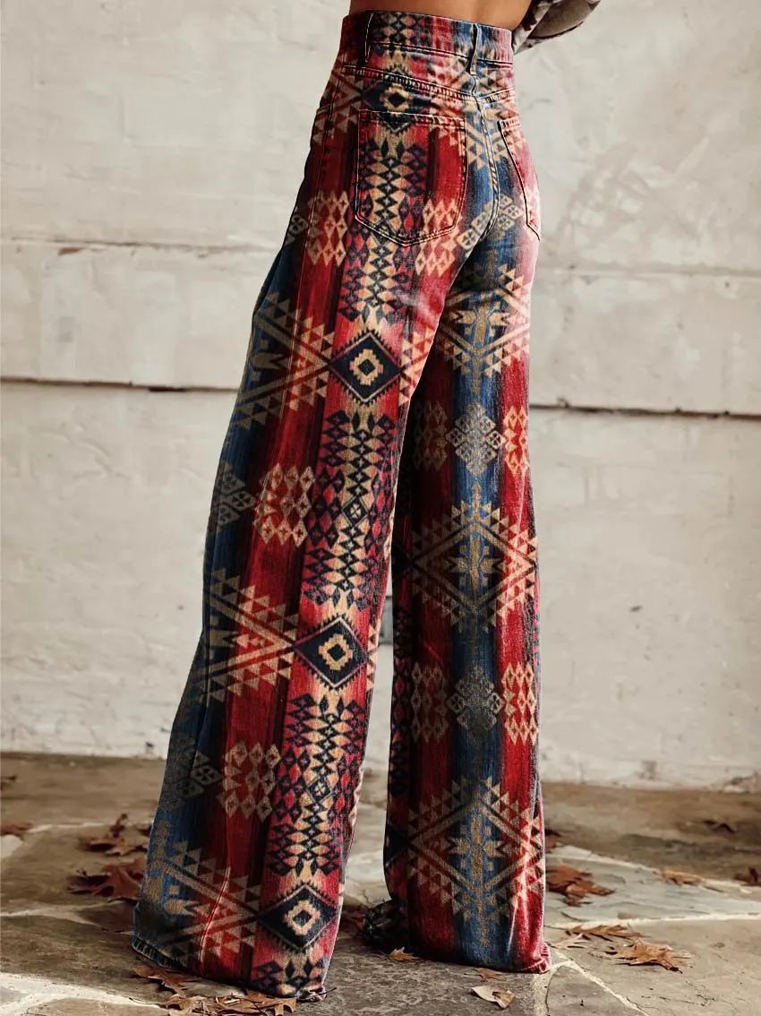 Red & Blue Aztecs Print Casual Wide-Leg Pants