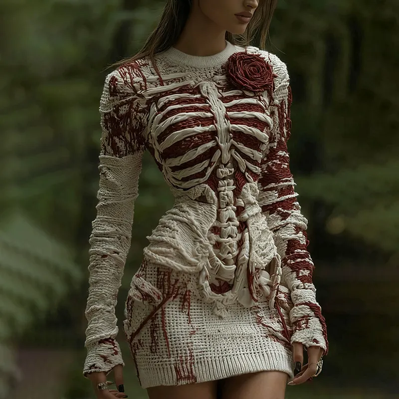 Women's Halloween Muscle Anatomy Bandage With Rose Art Cozy Knit Mini Sweater Dress