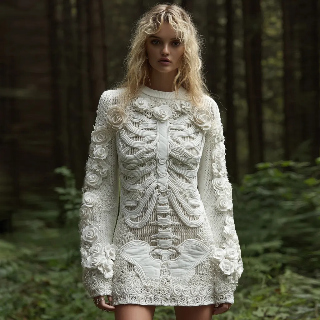 Women's Vintage Halloween Skeleton Bones With White Rose Art Cozy Knit Mini Sweater Dress