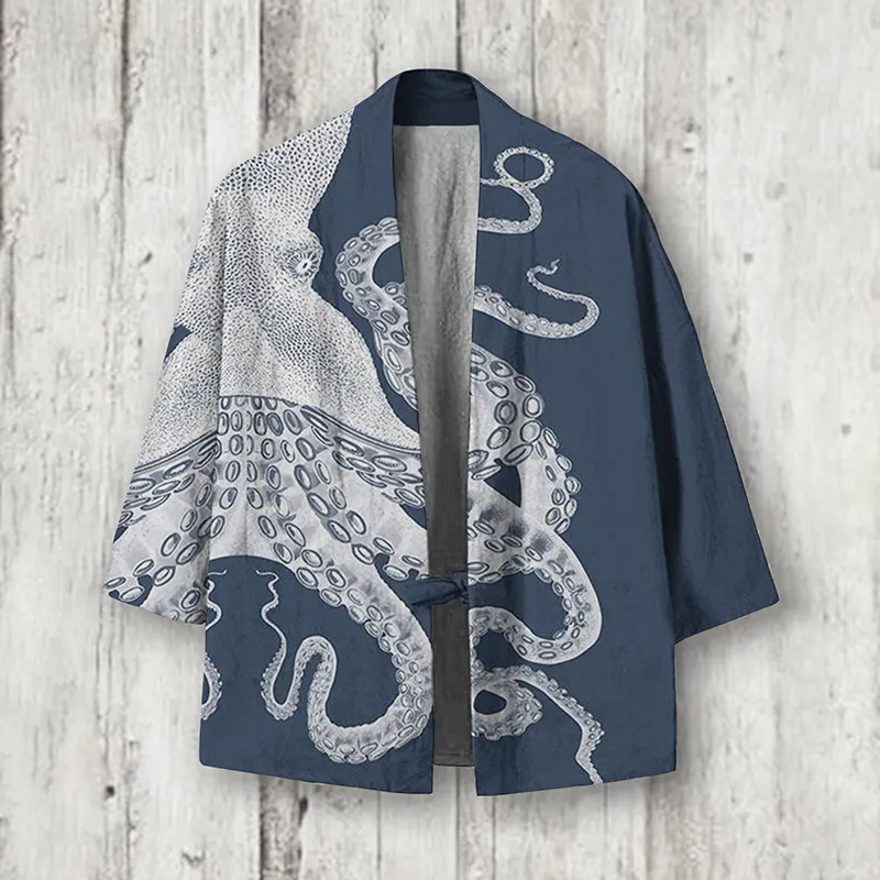 Japanese Art Octopus Graphic Printed Blend Kimono