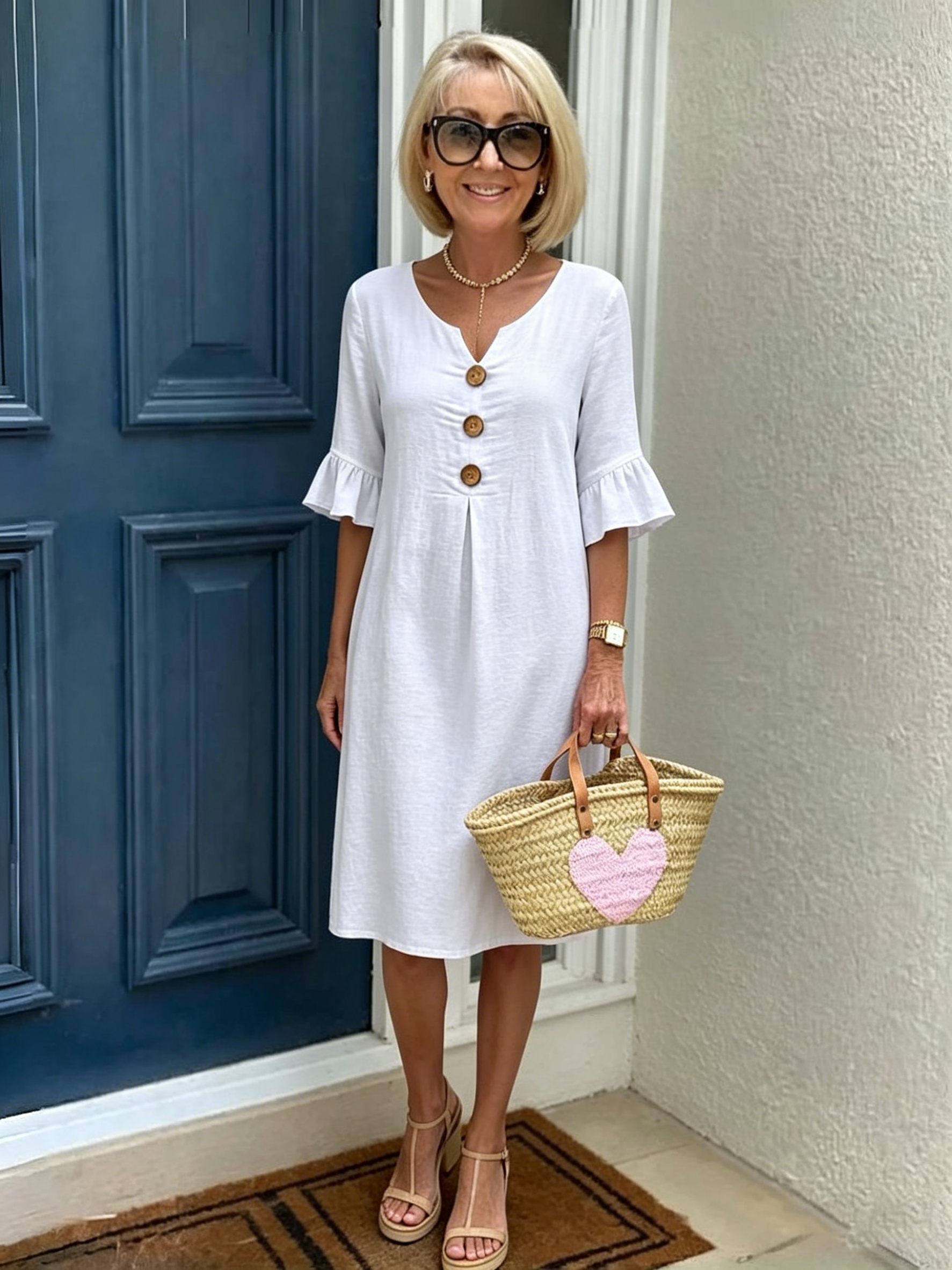V-Neck Linen-Blend Relaxed Midi Dress