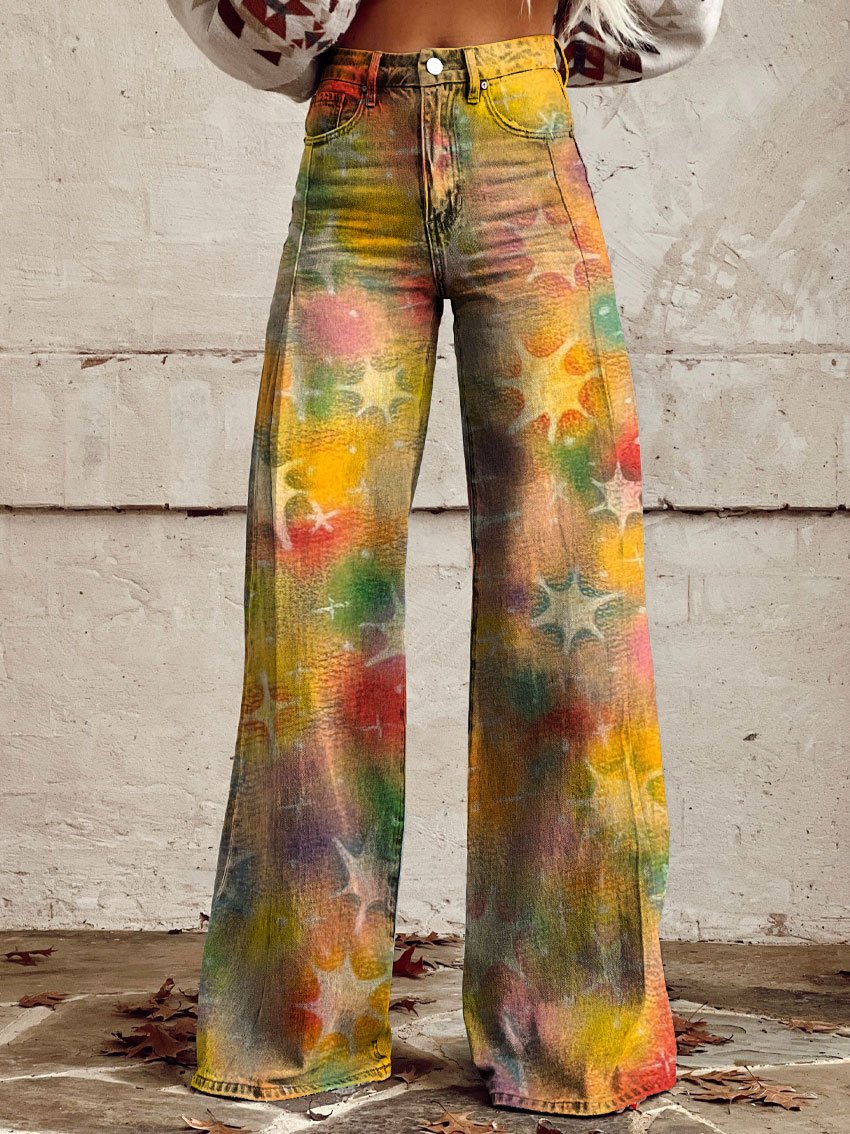 Vintage Star Kaleidoscope Print Casual Wide-Leg Pants