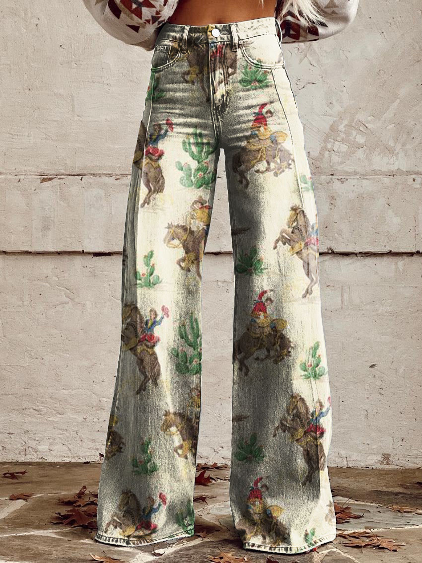 Vintage Western Horse Print Casual Wide-Leg Pants