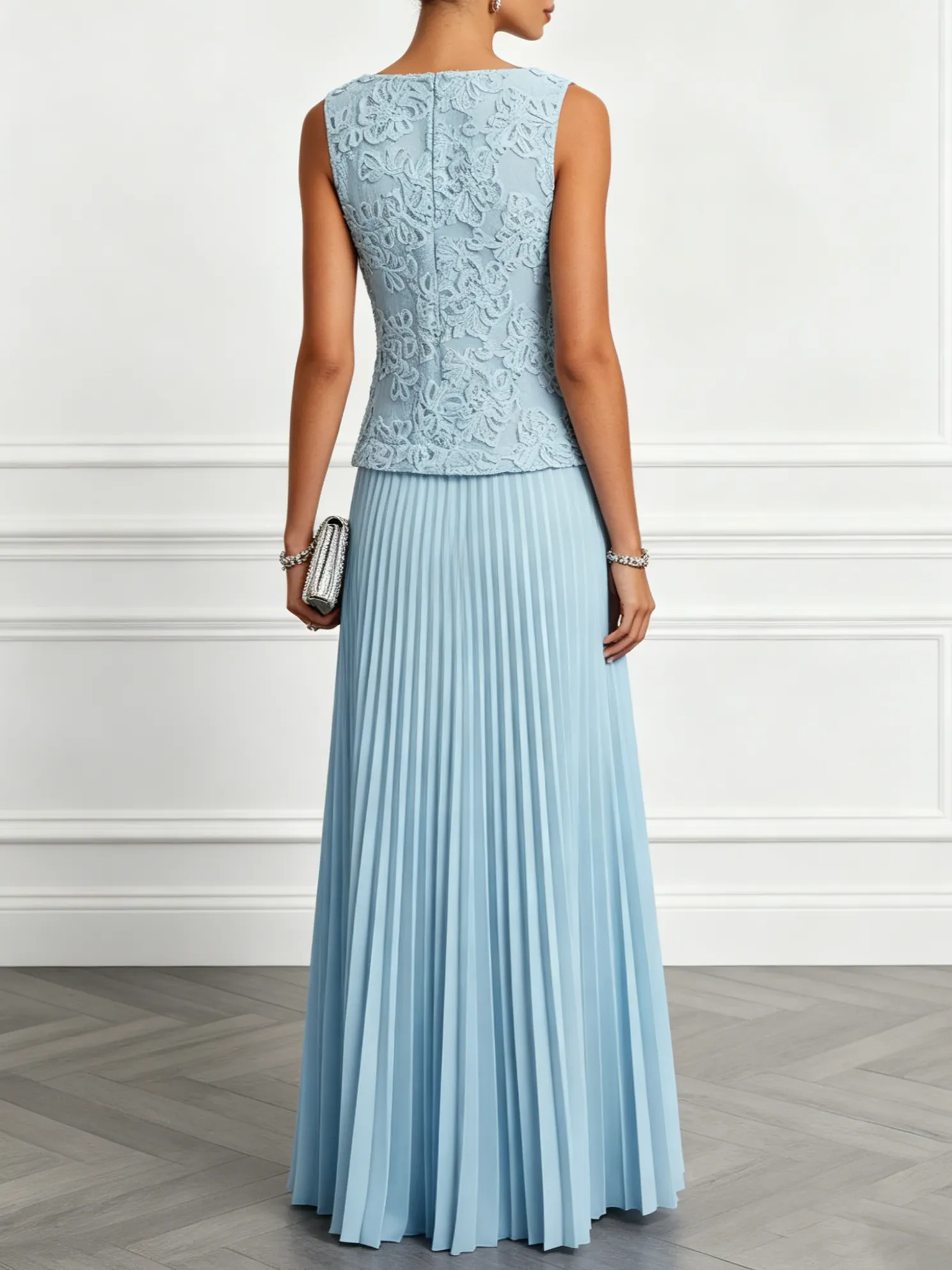 Light Blue Lace Jacquard Classic Boat Neck Sleeveless A-Line Floor-length Gown