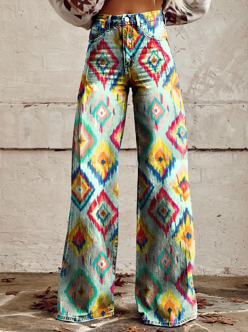 Vintage Print Casual Wide-Leg Pants