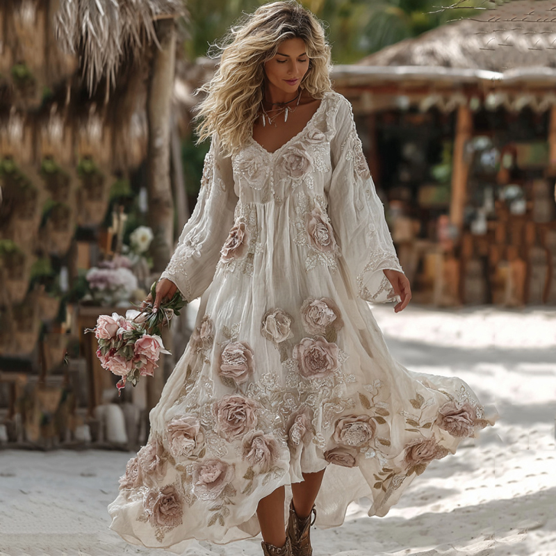Women's Vintage Romantic White Rose Embroidery Art Comfy Vacation Dress Maxi Dress