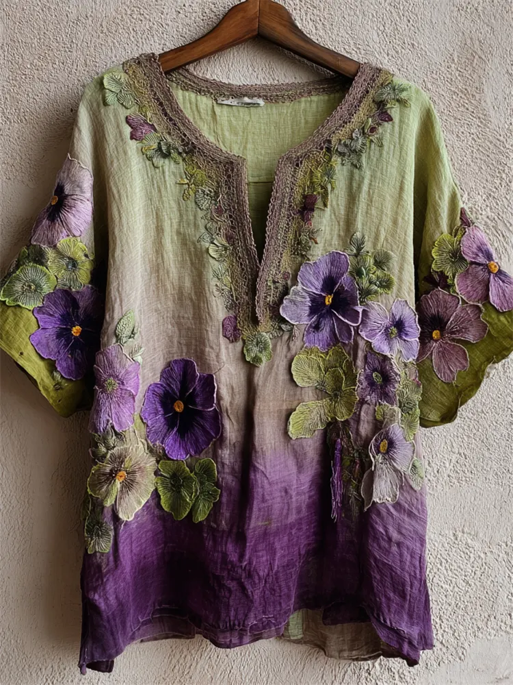 Pansy Floral Embroidered Forest Gradient Flowy Shirt