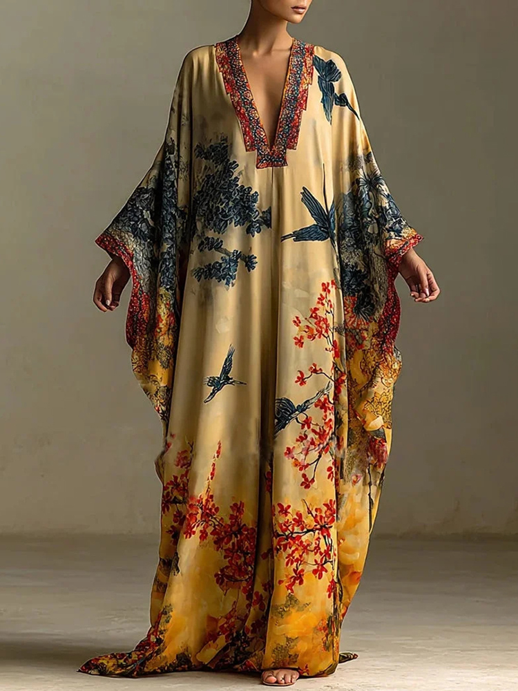Red Maple Blossom & Bird Art V-neck Kaftan