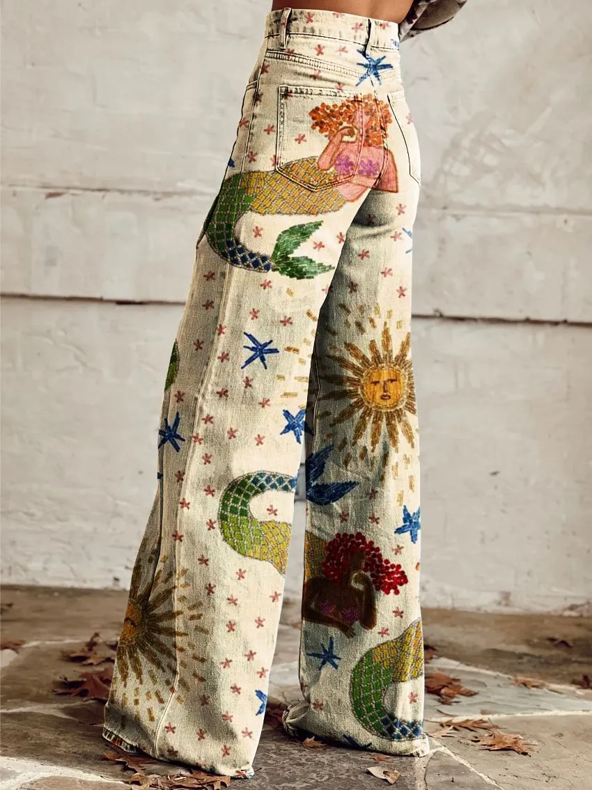 Vintage Mermaid Art Print Casual Wide-Leg Pants