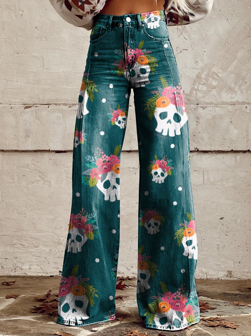 Cute Skeletal Flowers Women's Print Casual Wide-Leg Pants