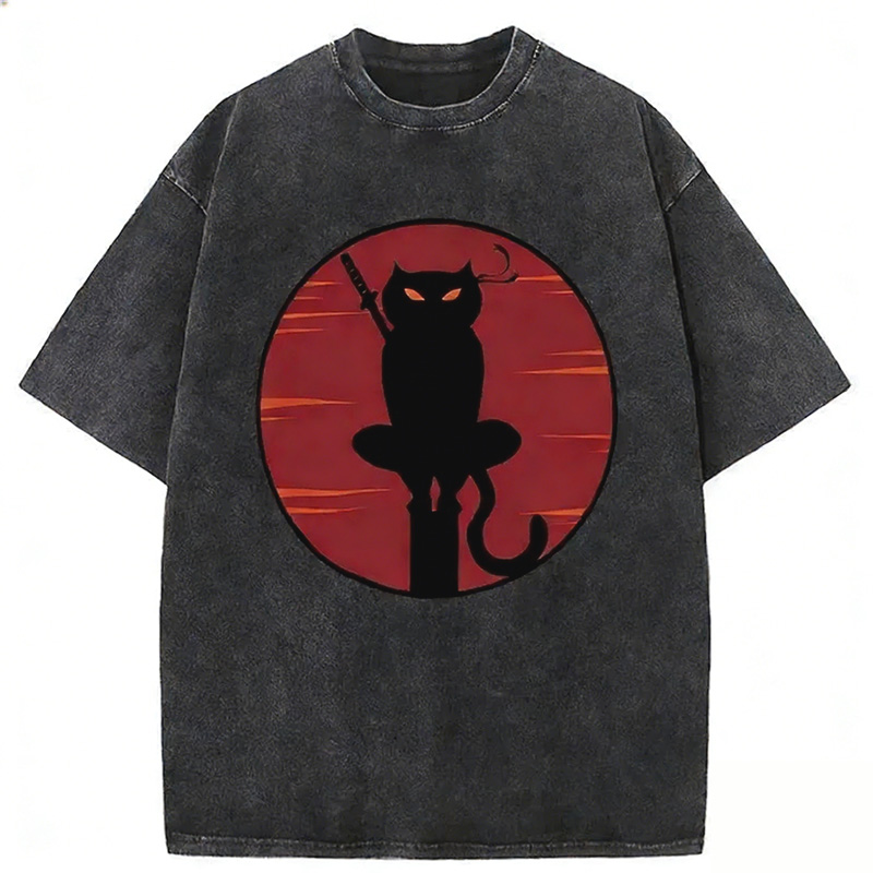 Japanese Ninja Black Cat Washed T-shirt