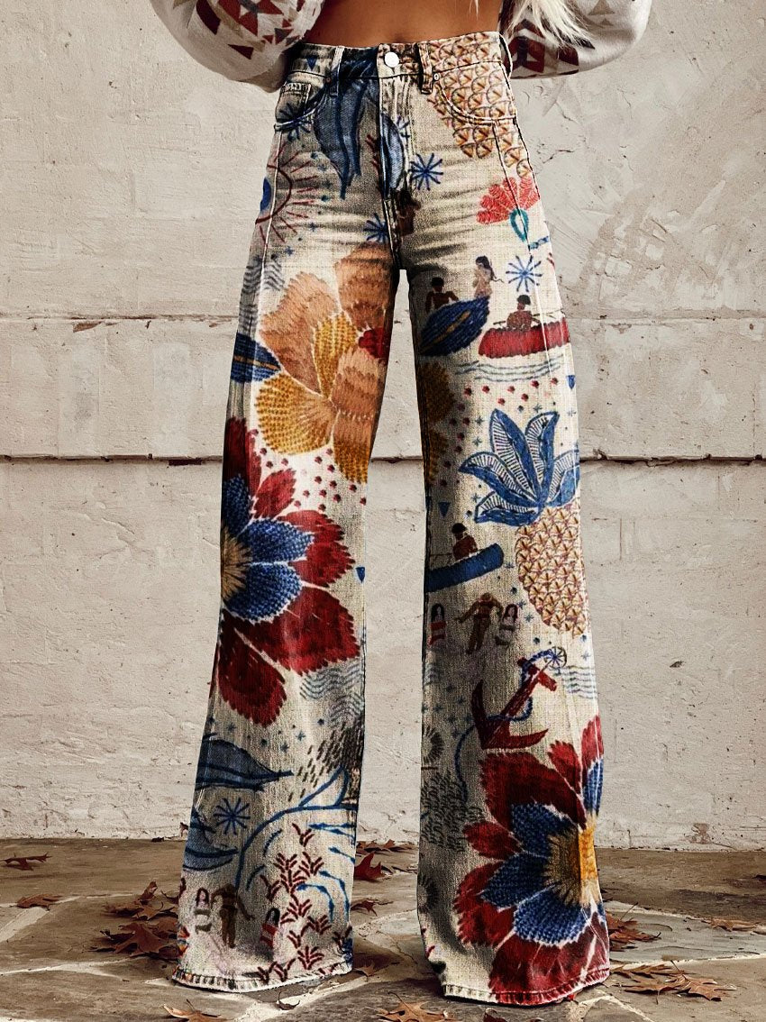 Vintage Print Casual Wide-Leg Pants