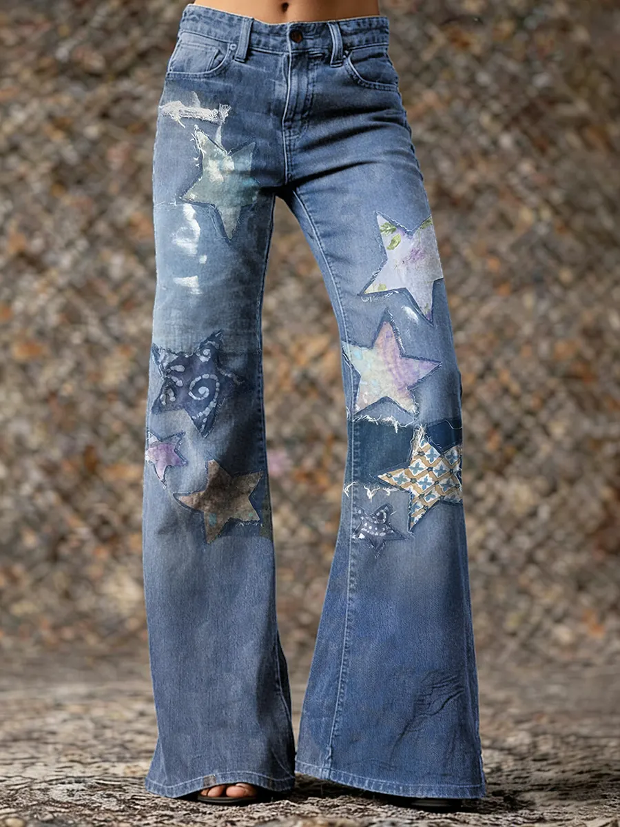 Retro Star Art Print Casual Washed Cotton Pants