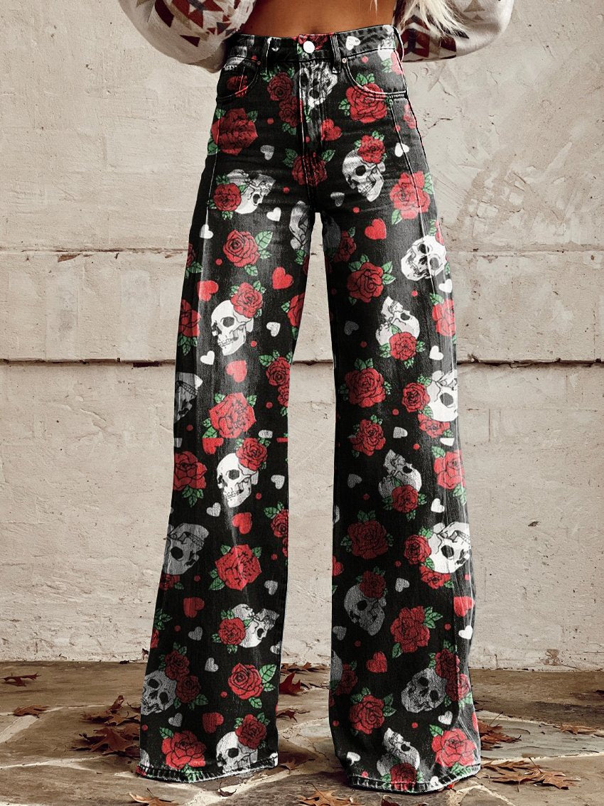 Skull Rose Print Women's Print Casual Wide-Leg Pants