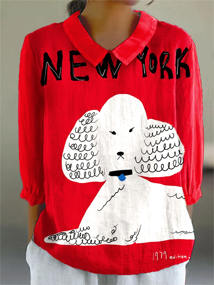 Vintage Chic Poodle Art Print Casual Cotton & Linen 3/4 Sleeve Shirt