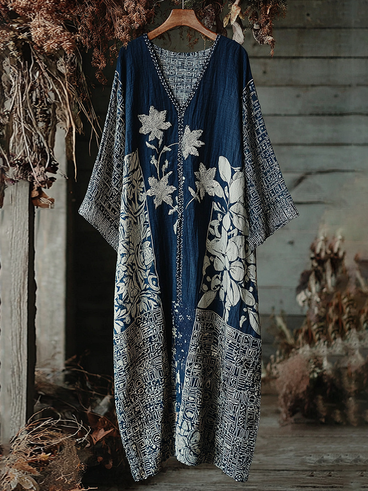 Japanese Traditional Sashiko Art V-neck Kaftan