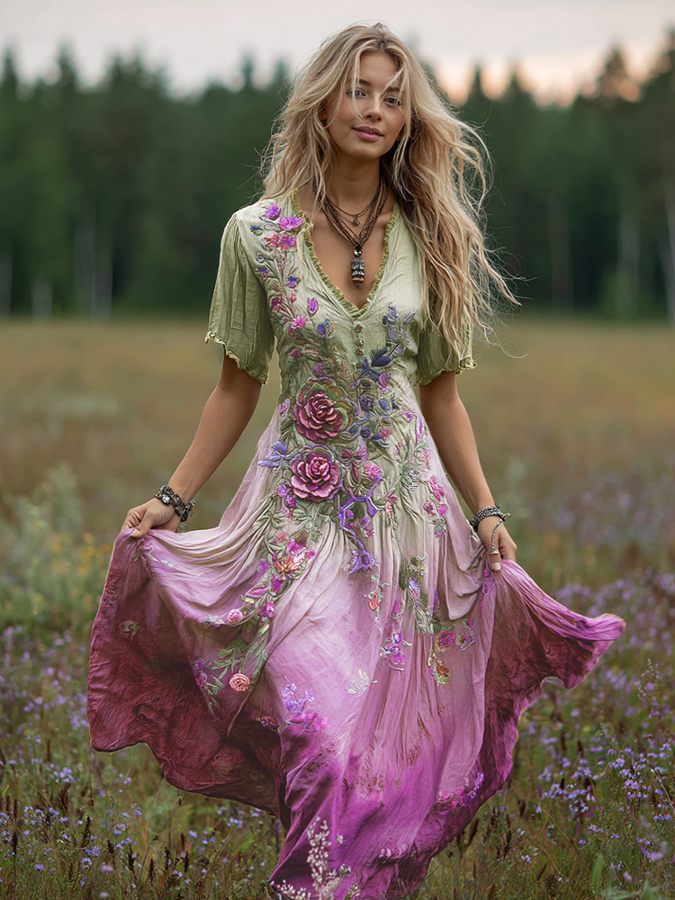 Bohemian Floral Art Gradient Linen Maxi Dress
