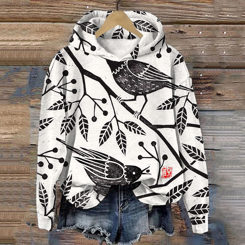 Vintage Birds Lino Art Pattern Comfy Hoodie
