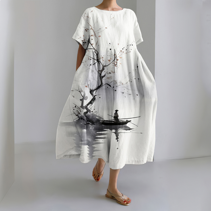 Japanese Art Ink Wash Painting Print Midi Dress