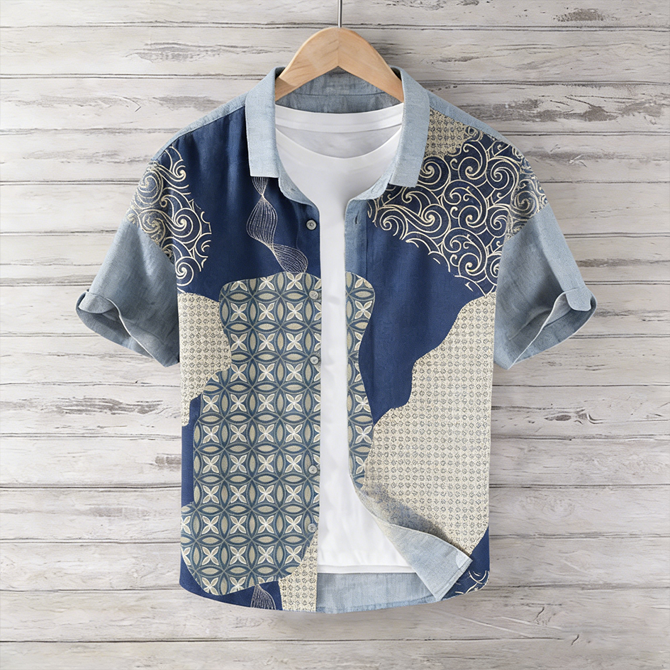 Japanese Art Retro Geometric Patch Cotton & Linen Shirt