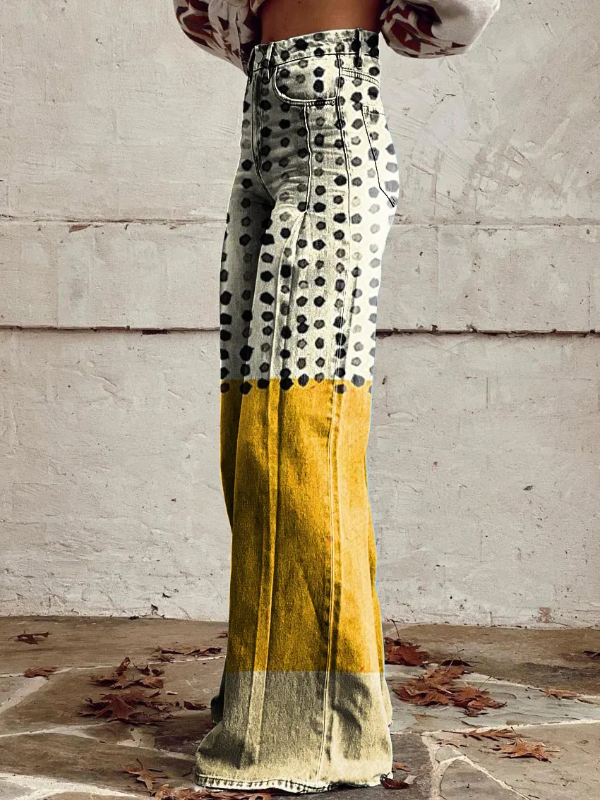 Retro Abstract Print Casual Wide-Leg Pants