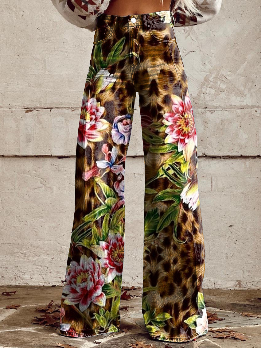 Vintage Floral Print Casual Wide-Leg Pants