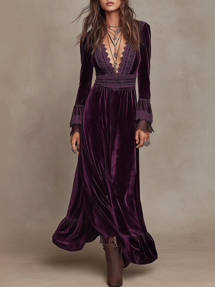 Elegance Boho Velvet Deep-V Lace Bohemian Maxi Dress