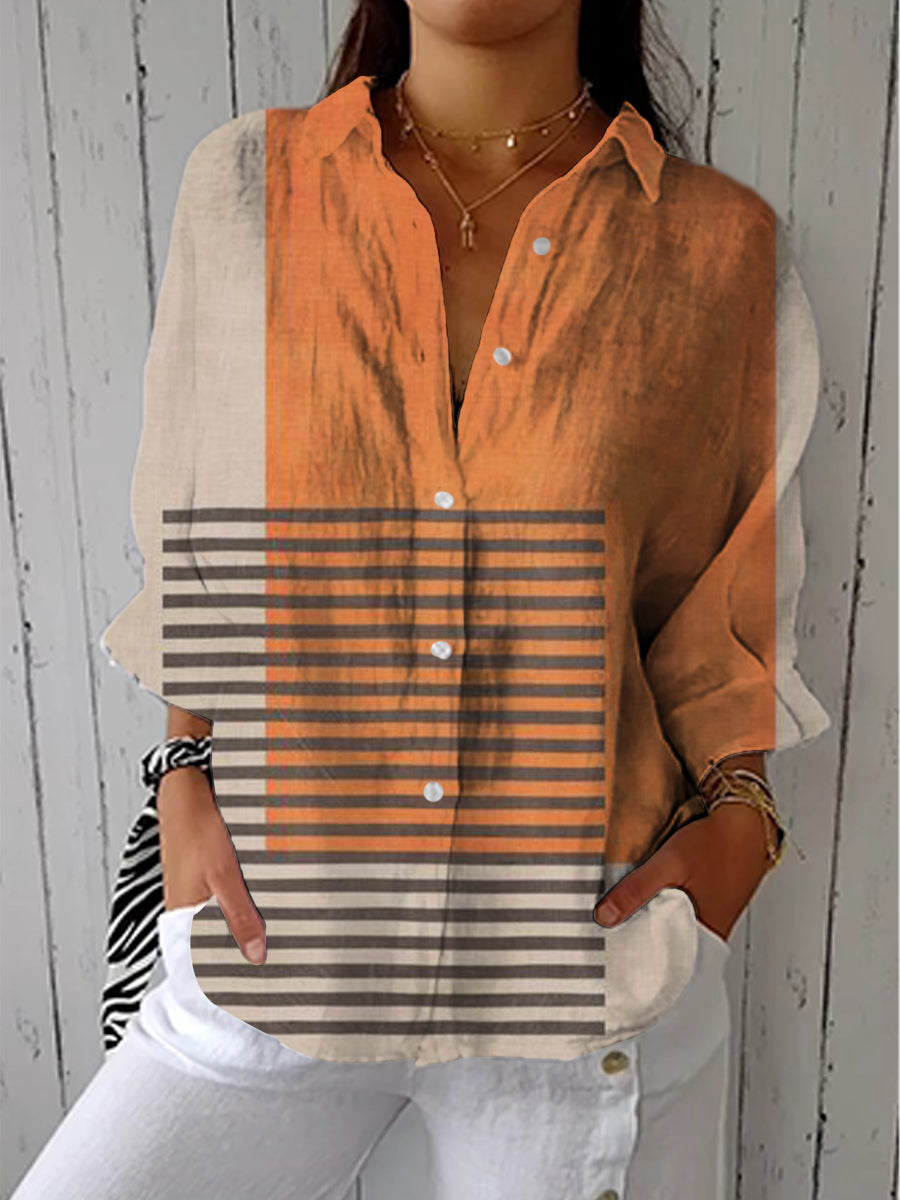 Artistic Minimalist Geometric Lines Print Casual Linen V-neck Shirt