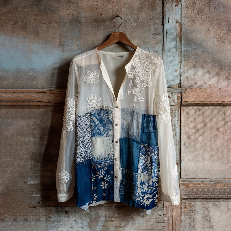 Vintage Lace With Floral Patchwork Linen Women's Long Sleeve Shirt