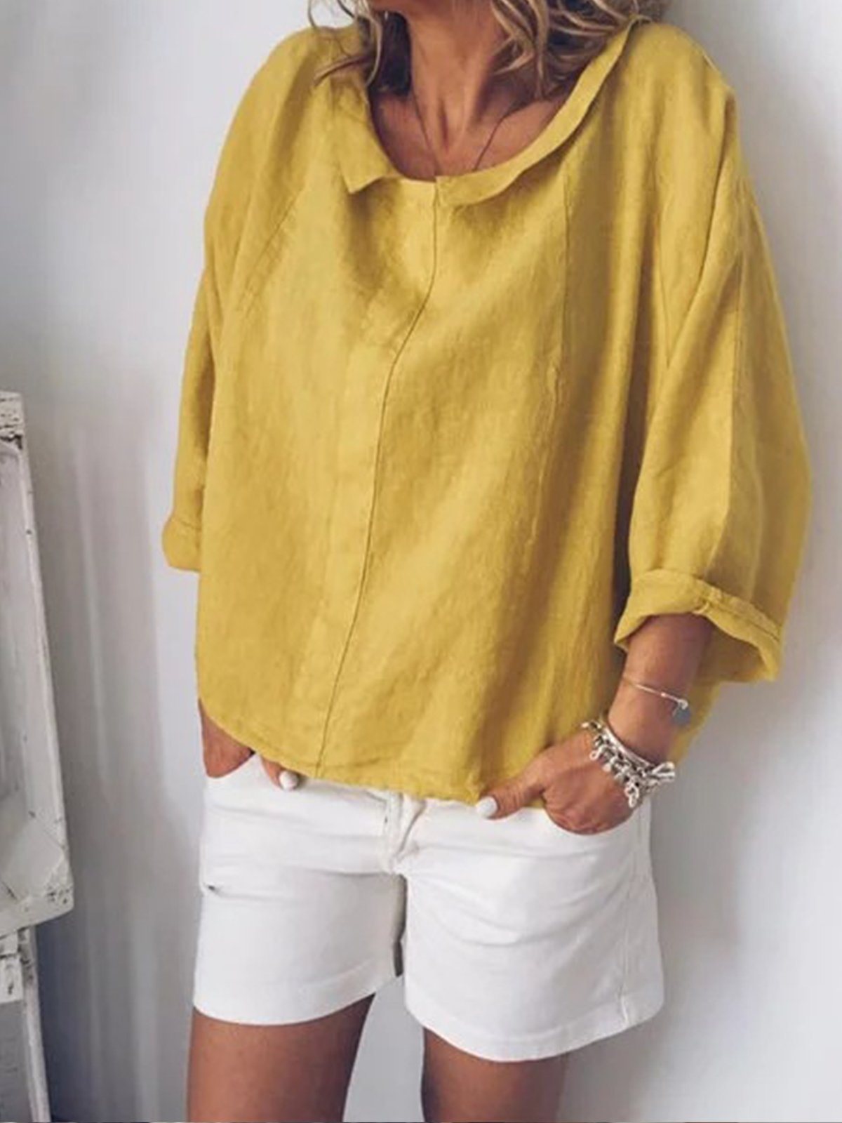 Solid Color Small Lapel Pullover Cotton Linen Shirt