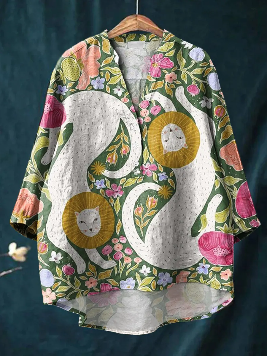 Beautiful Flowers Two Cats Painting Art Print Casual Cotton & Linen Ruffle Shirt