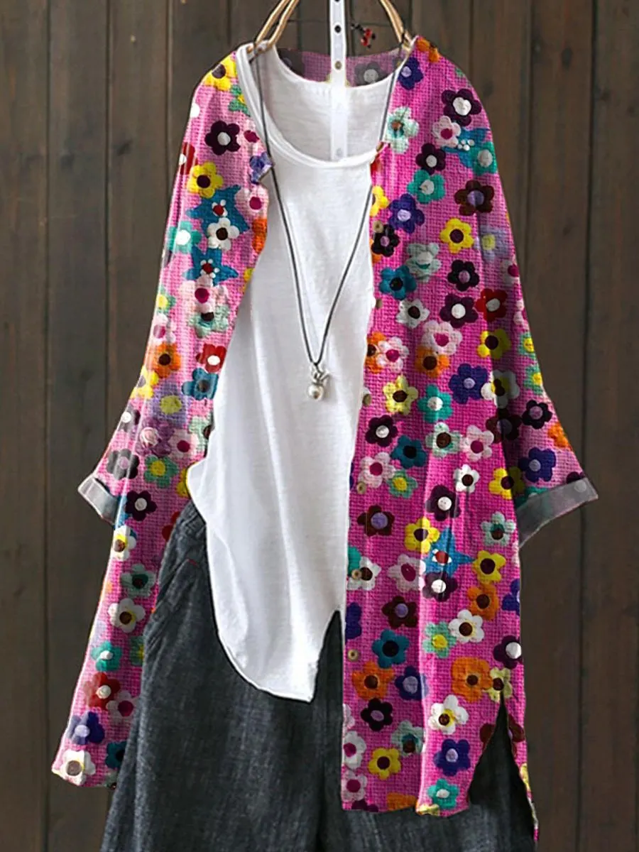 Oil Painting Multicolor Small Floral Printed Women's Loose Casual Top Jacket