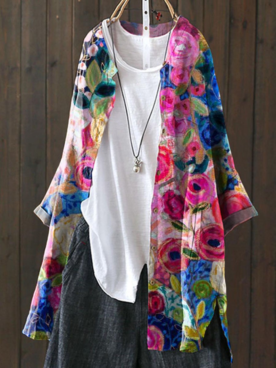 Vintage Lovely Floral Art Print Loose Casual Top Jacket