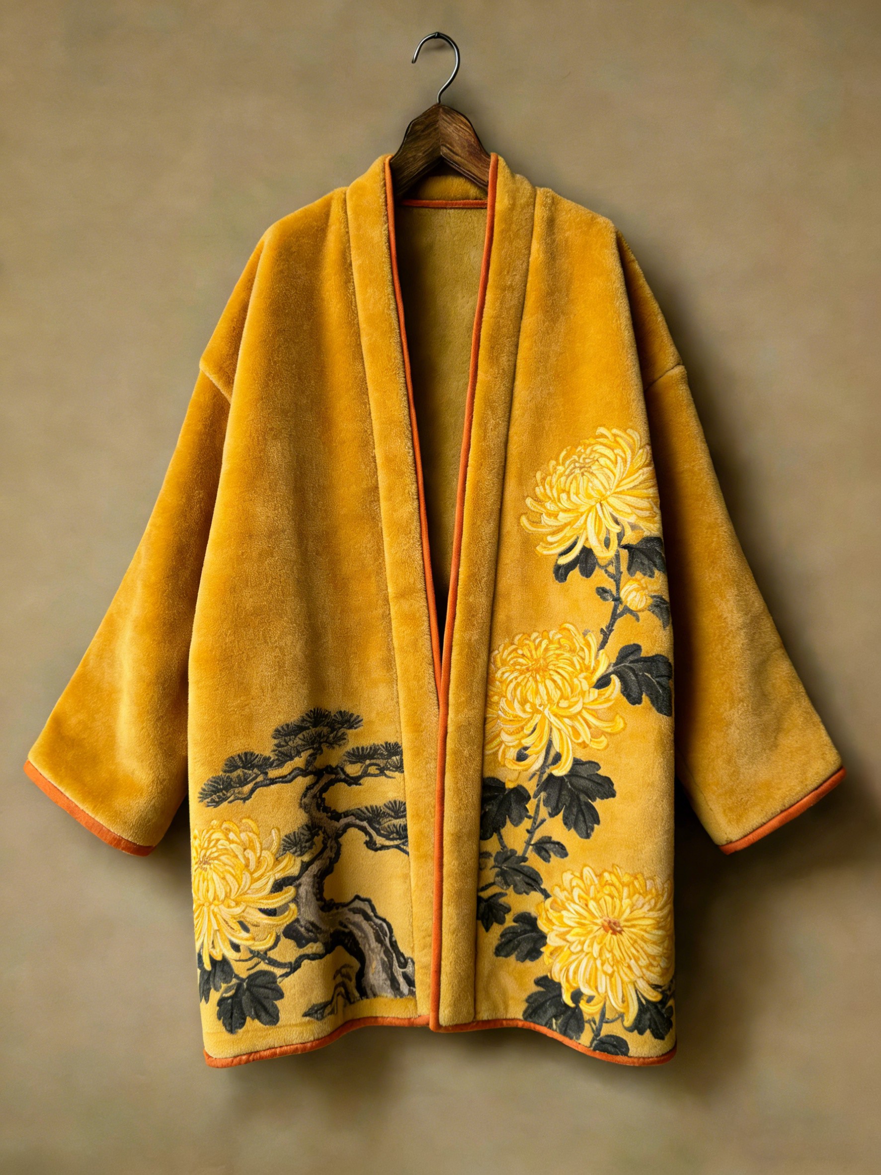Oriental aesthetic printed flannel embroidered medium and long kimono cardigan
