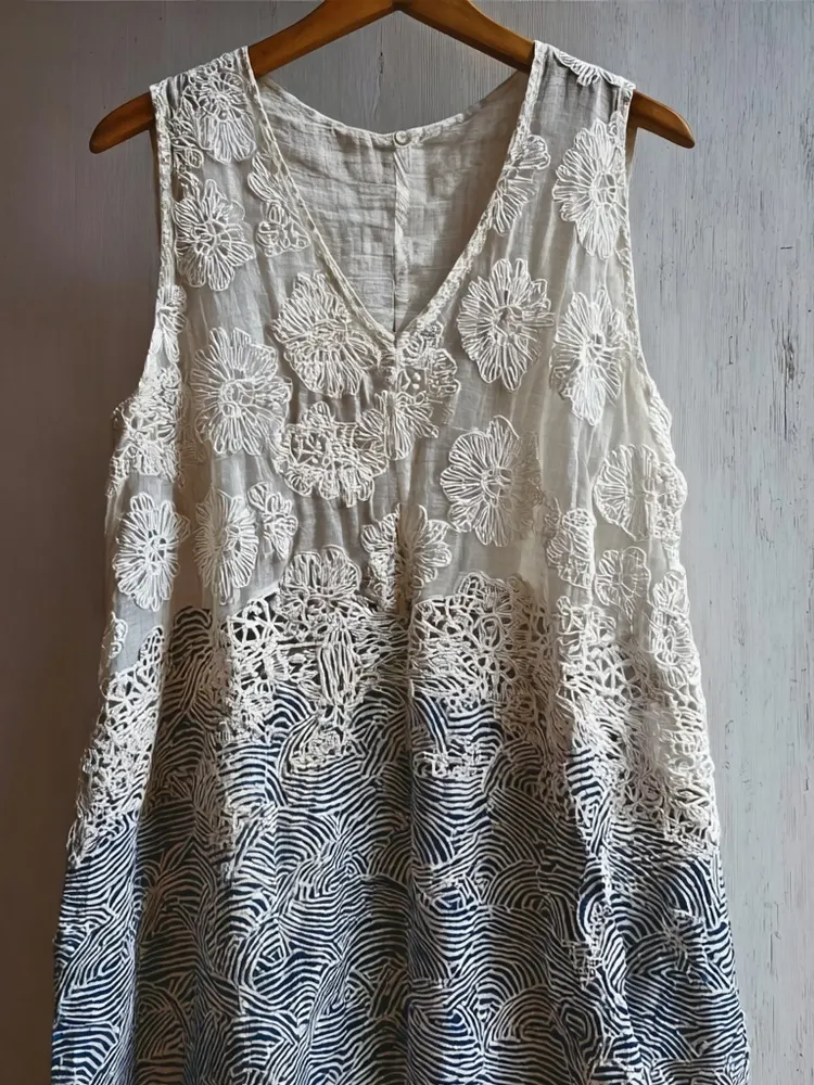 Japanese Waves Patchwork Hollow Floral Lace Tank Top