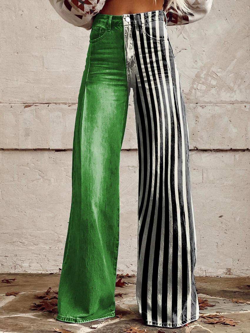 Retro Abstract Art Print Contrast Wide-Leg Pants