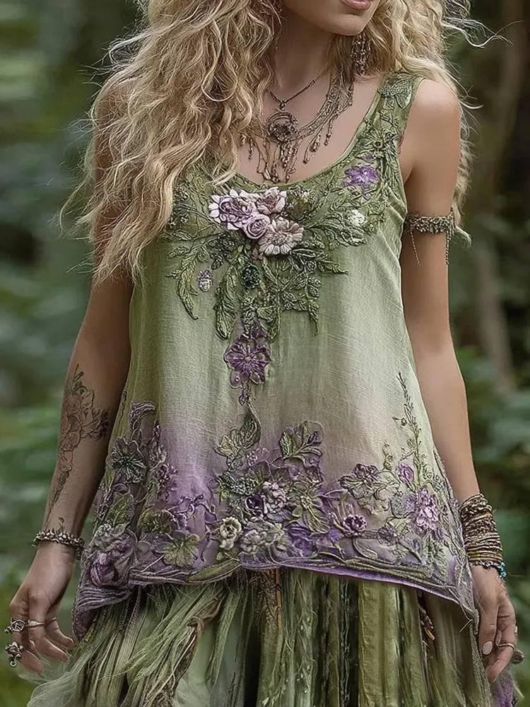 Women's Floral Embroidered Crew Neck Blend Tank Top